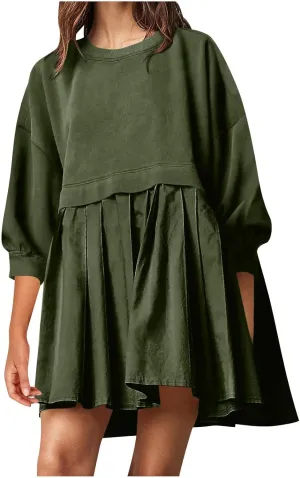 Babydoll Dresses Fall 2024 Long Sleeve Pleated A Line Swing Patchwork Lightweight Dress Crewneck Casual Mini Dresses