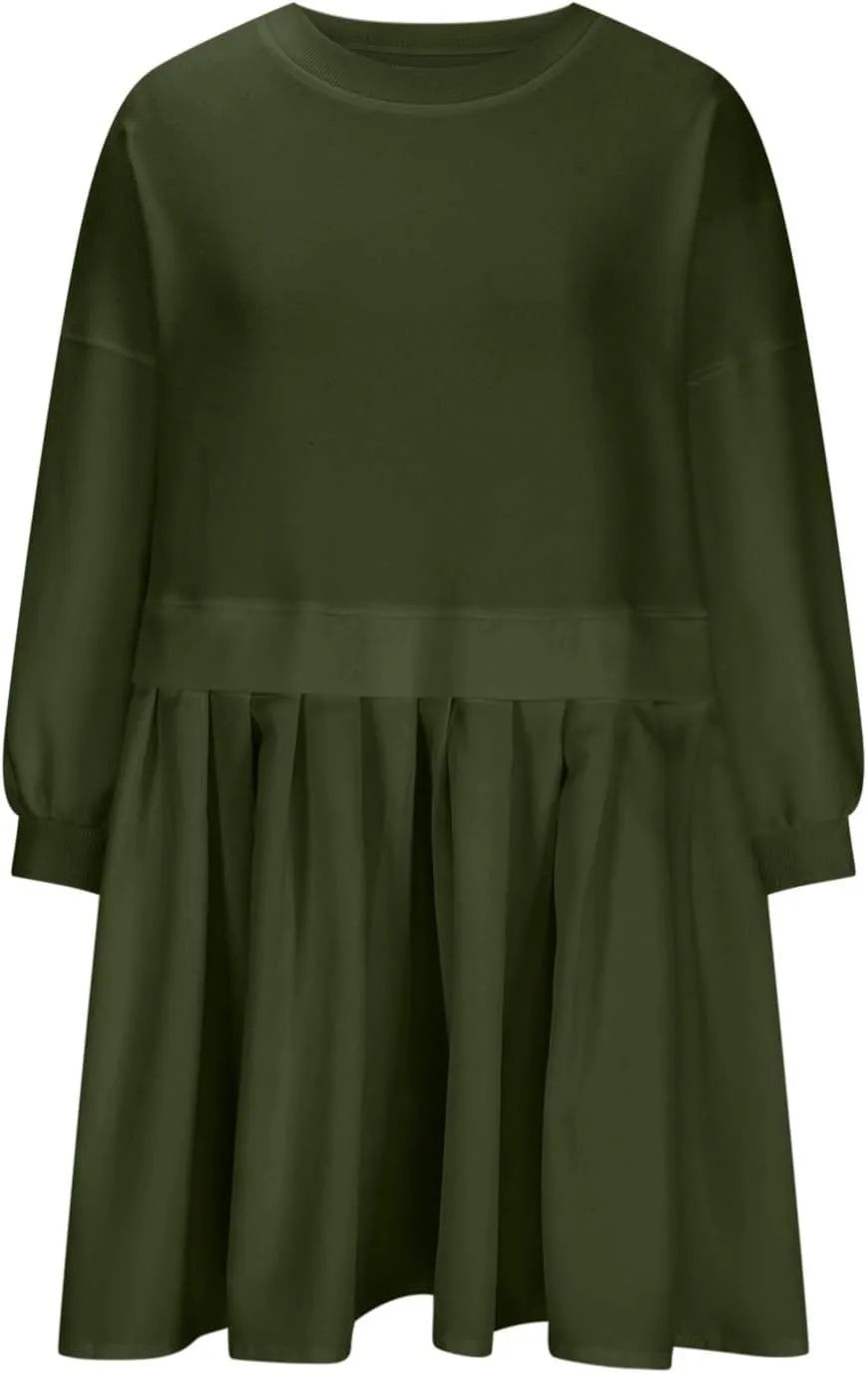 Babydoll Dresses Fall 2024 Long Sleeve Pleated A Line Swing Patchwork Lightweight Dress Crewneck Casual Mini Dresses