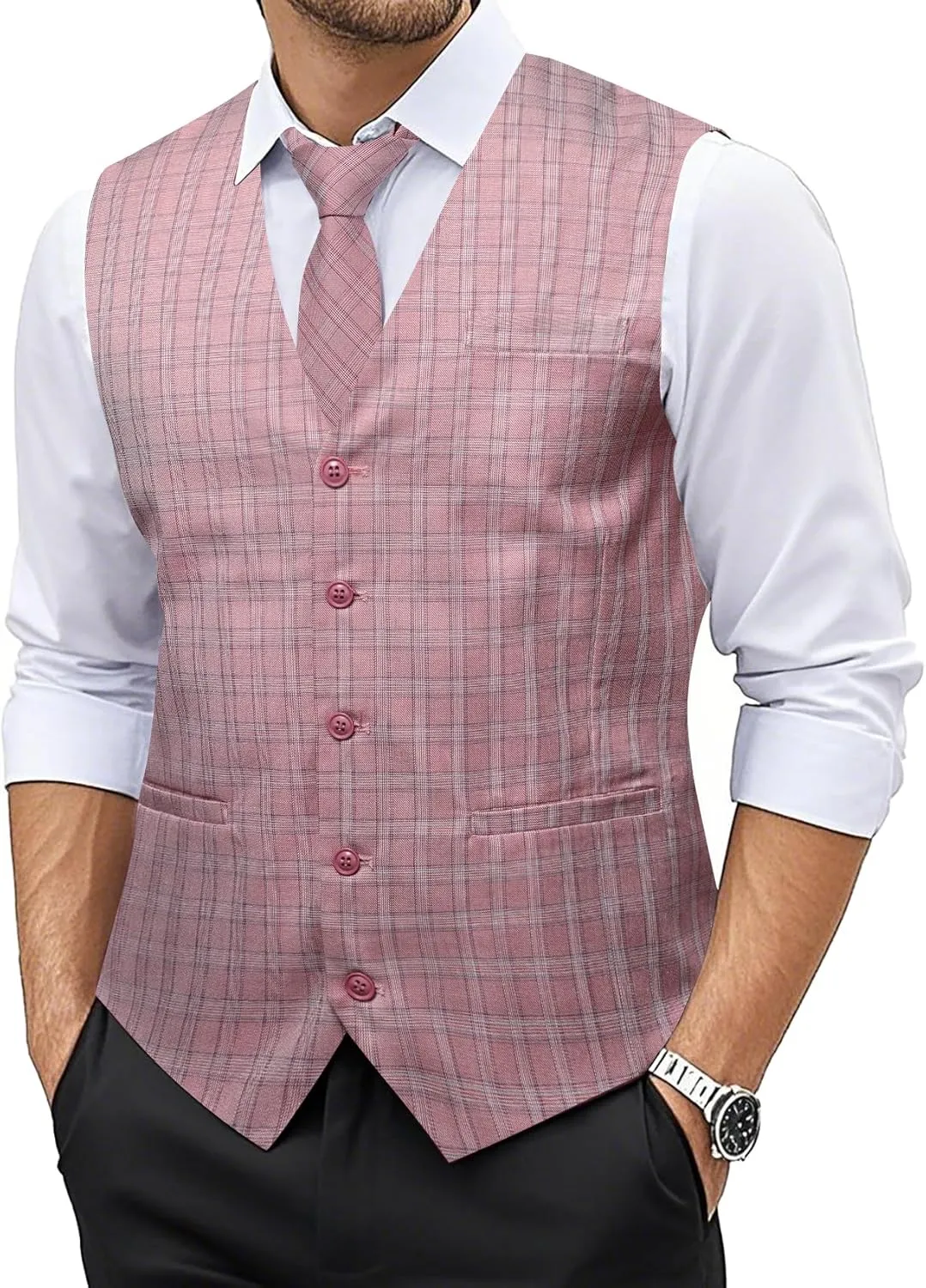 Barry.Wang Mens Plaid Suit Waistcoat Wool Blend Tailored Collar/V-neck 3 Pocket Check Vest Formal/Leisure