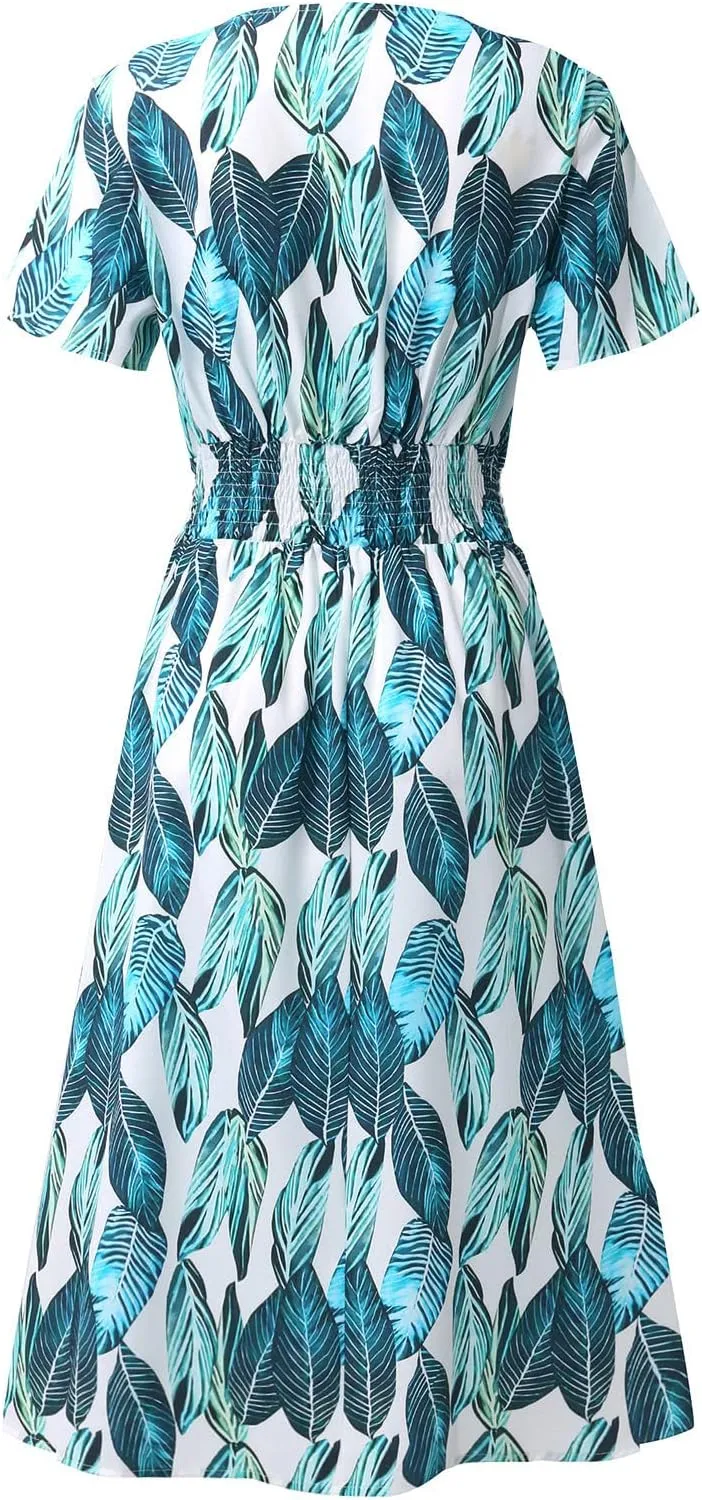 Beach Dresses for Women,2024 Summer Trendy Floral Hawaiian Dress,Elegant V Neck Short Sleeve Flowy Boho Midi Dress