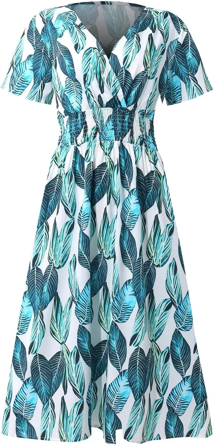 Beach Dresses for Women,2024 Summer Trendy Floral Hawaiian Dress,Elegant V Neck Short Sleeve Flowy Boho Midi Dress