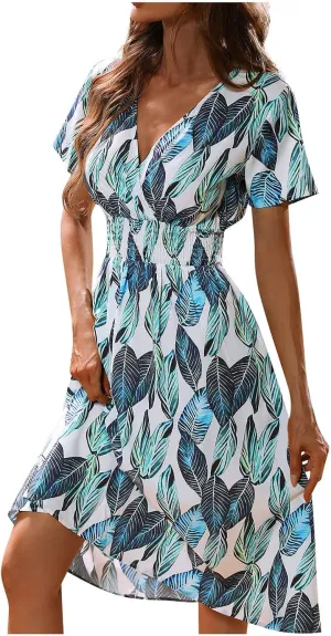 Beach Dresses for Women,2024 Summer Trendy Floral Hawaiian Dress,Elegant V Neck Short Sleeve Flowy Boho Midi Dress