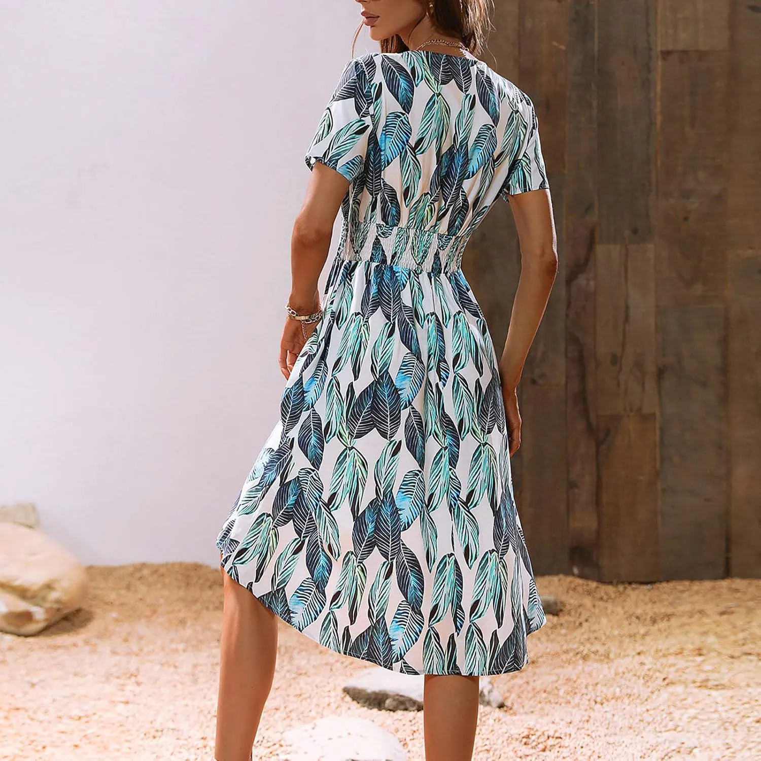 Beach Dresses for Women,2024 Summer Trendy Floral Hawaiian Dress,Elegant V Neck Short Sleeve Flowy Boho Midi Dress