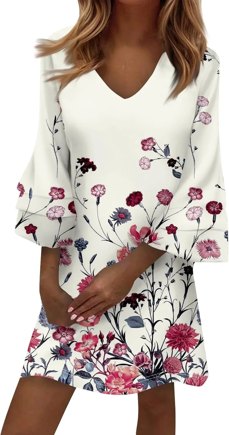 Beach Dresses for Women,2025 Summer Trendy Floral Print Boho Dress,Casual Loose V Neck Bell 3/4 Sleeve Mini Dress
