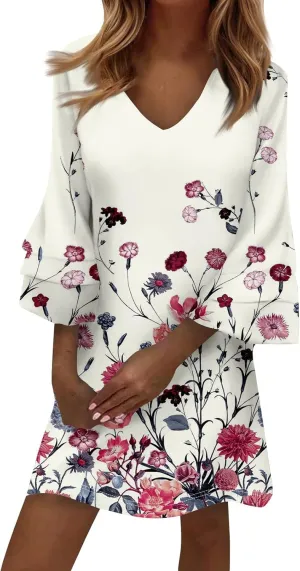 Beach Dresses for Women,2025 Summer Trendy Floral Print Boho Dress,Casual Loose V Neck Bell 3/4 Sleeve Mini Dress