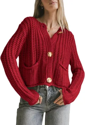 BeautyNee Women's Cardigan Sweaters Button Down Cropped Chunky Knit Cardigan Jacket Long Sleeve Trendy Tops with Pockets