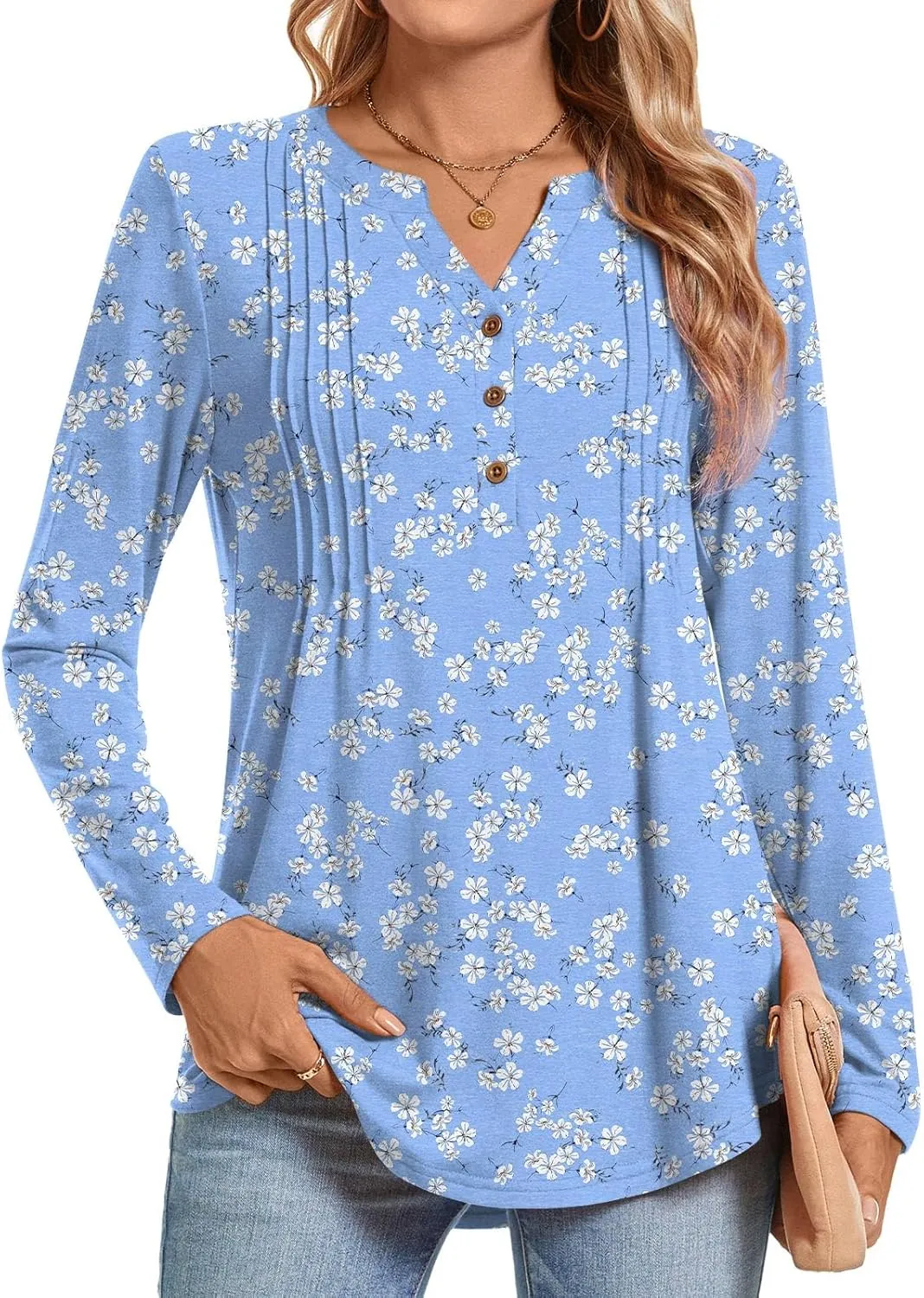 Bestbee Women's Long Sleeve Button-Down Shirts V Neck Tunic Tops 2024 Fall Tops Casual T-Shirts Dressy Blouses