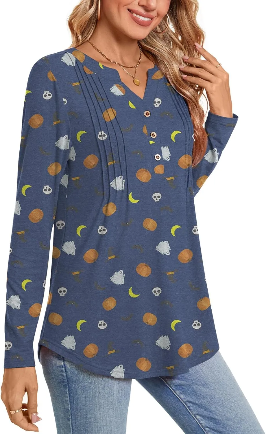 Bestbee Women's Long Sleeve Button-Down Shirts V Neck Tunic Tops 2024 Fall Tops Casual T-Shirts Dressy Blouses