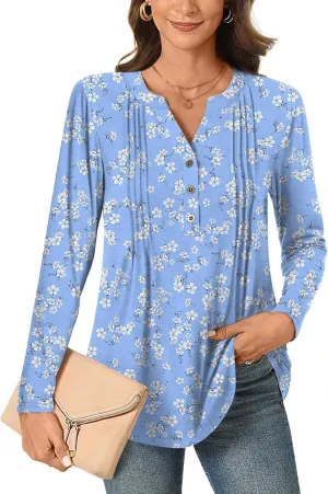 Bestbee Women's Long Sleeve Button-Down Shirts V Neck Tunic Tops 2024 Fall Tops Casual T-Shirts Dressy Blouses