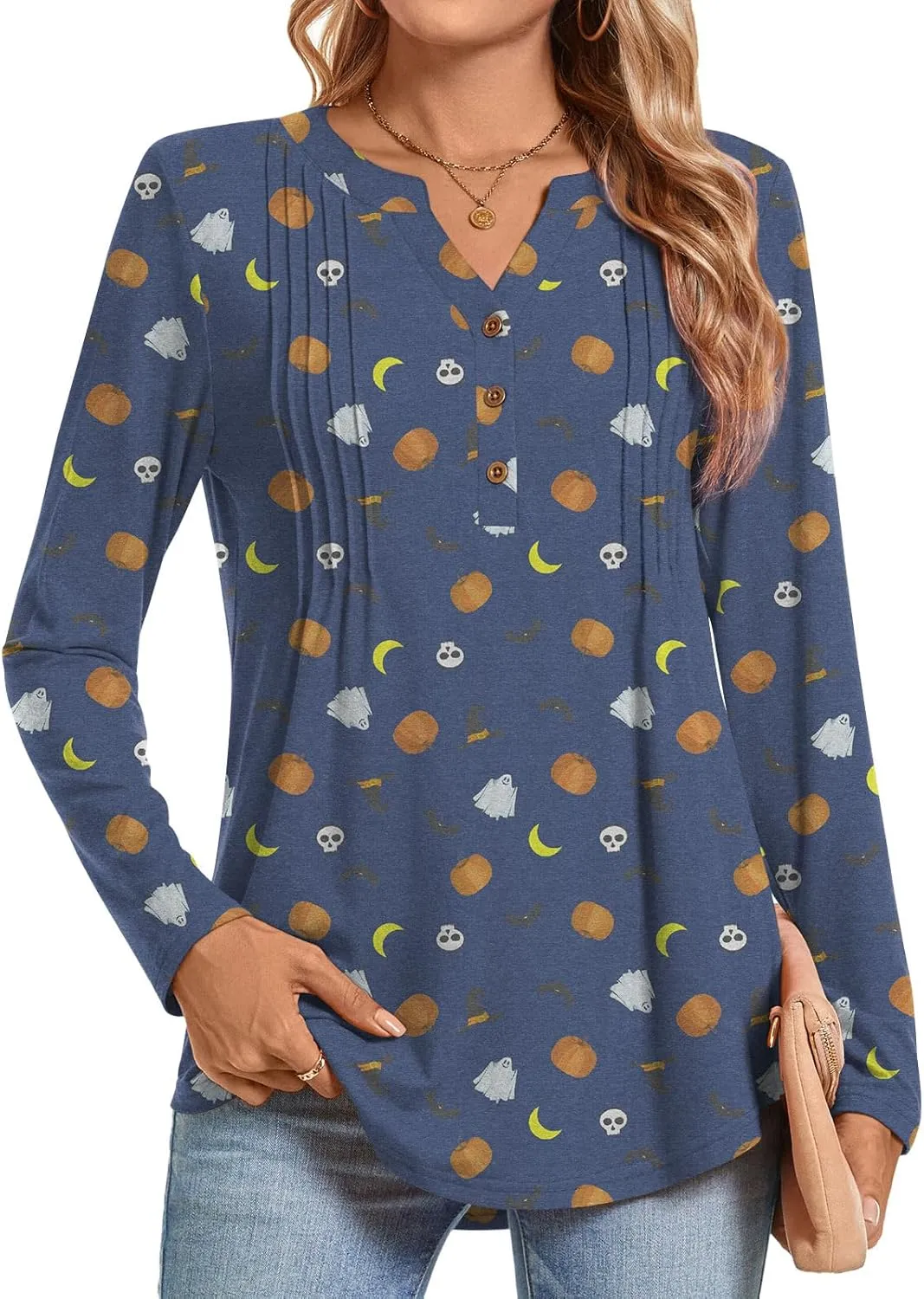 Bestbee Women's Long Sleeve Button-Down Shirts V Neck Tunic Tops 2024 Fall Tops Casual T-Shirts Dressy Blouses