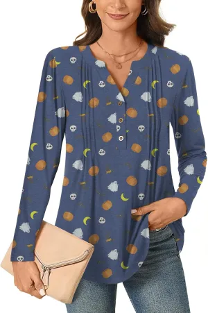 Bestbee Women's Long Sleeve Button-Down Shirts V Neck Tunic Tops 2024 Fall Tops Casual T-Shirts Dressy Blouses