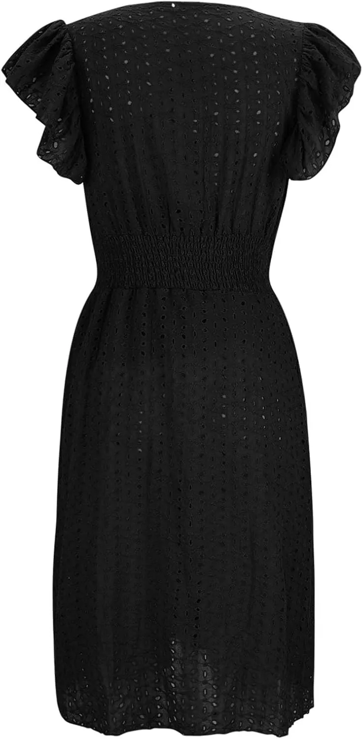 Binmer Women Summer Casual Sleeveless Dress Elastic Smocked Waist Wrap V Neck Sundress Hollow Out Eyelet Swing Beach Dresses