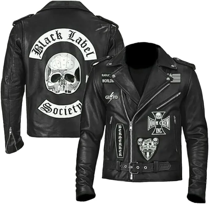 Black Label Society Skull Patch Motorcycle Vest For Men  Real Leather Biker Jacket For Rock & Metal Fans