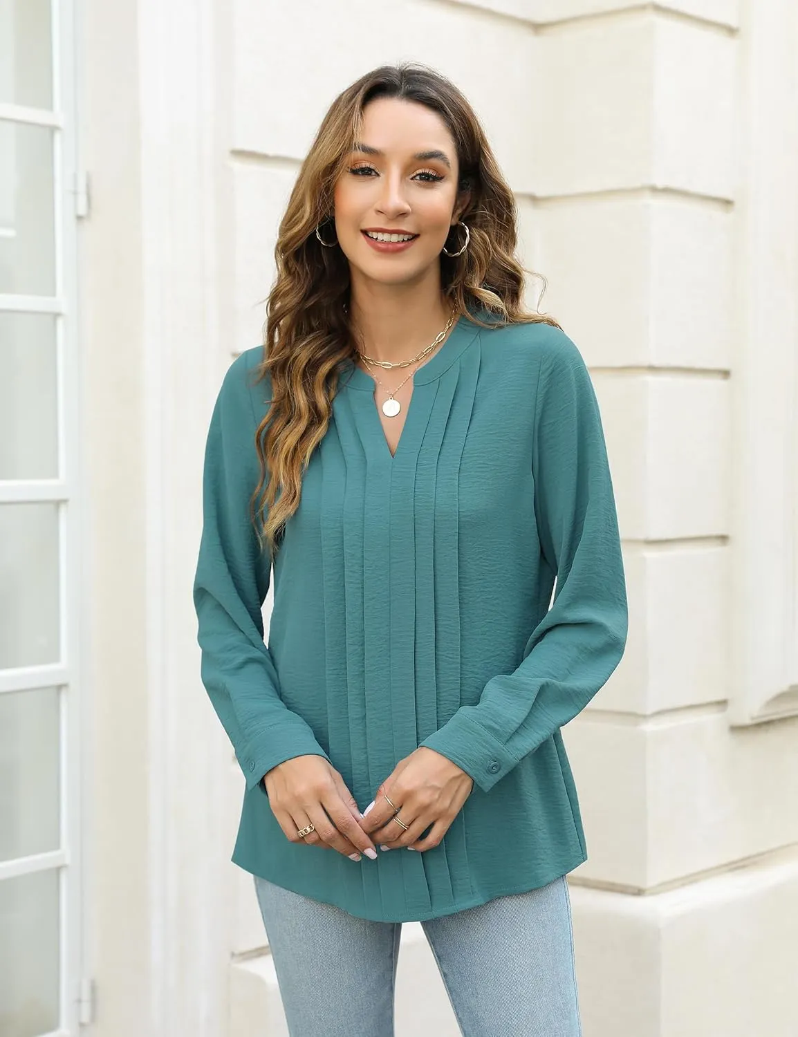 Blooming Jelly Women's Dressy Casual Blouses Business Work Tops Long Sleeve V Neck Pleated Shirts 2025 Fall Outfits