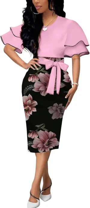 BOGURST Women Wave Short Sleeve Pencil Dress Fashion A-Line Bodycon Church Dresses