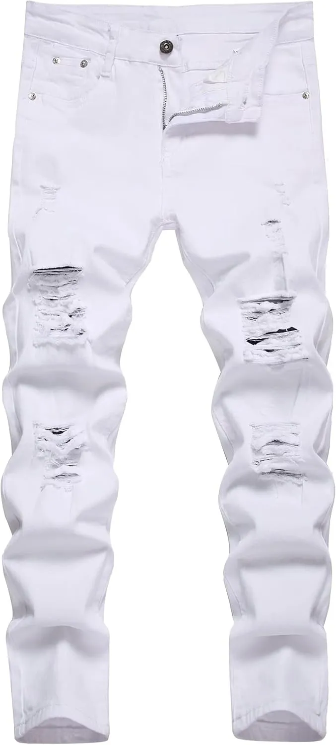 Boy's Skinny Fit Ripped Destroyed Distressed Stretch Slim Moto Biker Fashion Denim Jeans with Holes