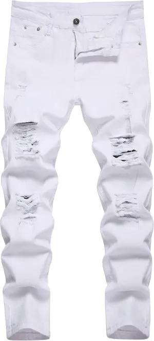 Boy's Skinny Fit Ripped Destroyed Distressed Stretch Slim Moto Biker Fashion Denim Jeans with Holes