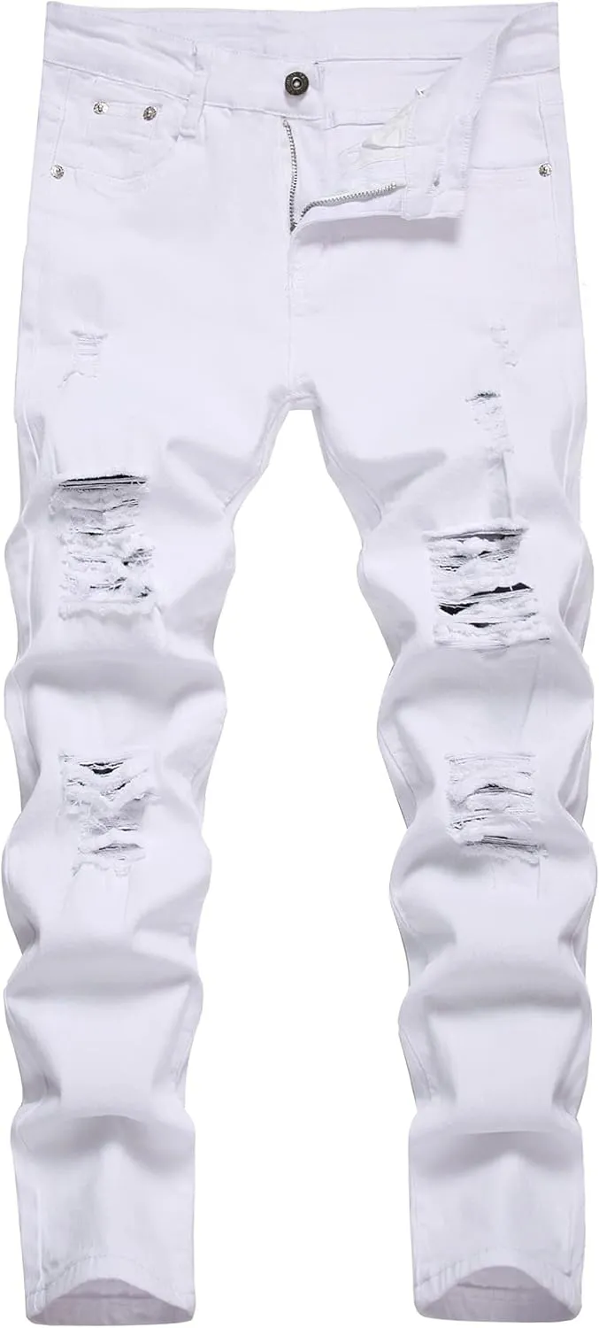 Boy's Skinny Fit Ripped Destroyed Distressed Stretch Slim Moto Biker Fashion Denim Jeans with Holes