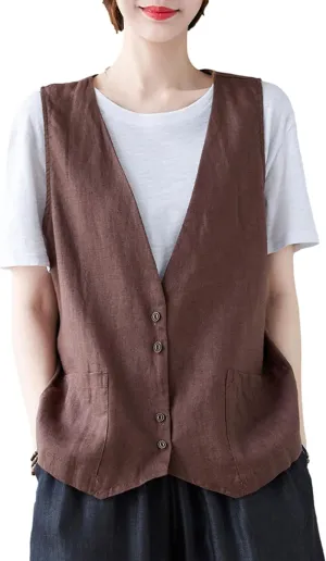 Bozanly Women's Sleeveless Button Down Vest Casual V Neck Cotton Linen Blazer Jacket with Pockets
