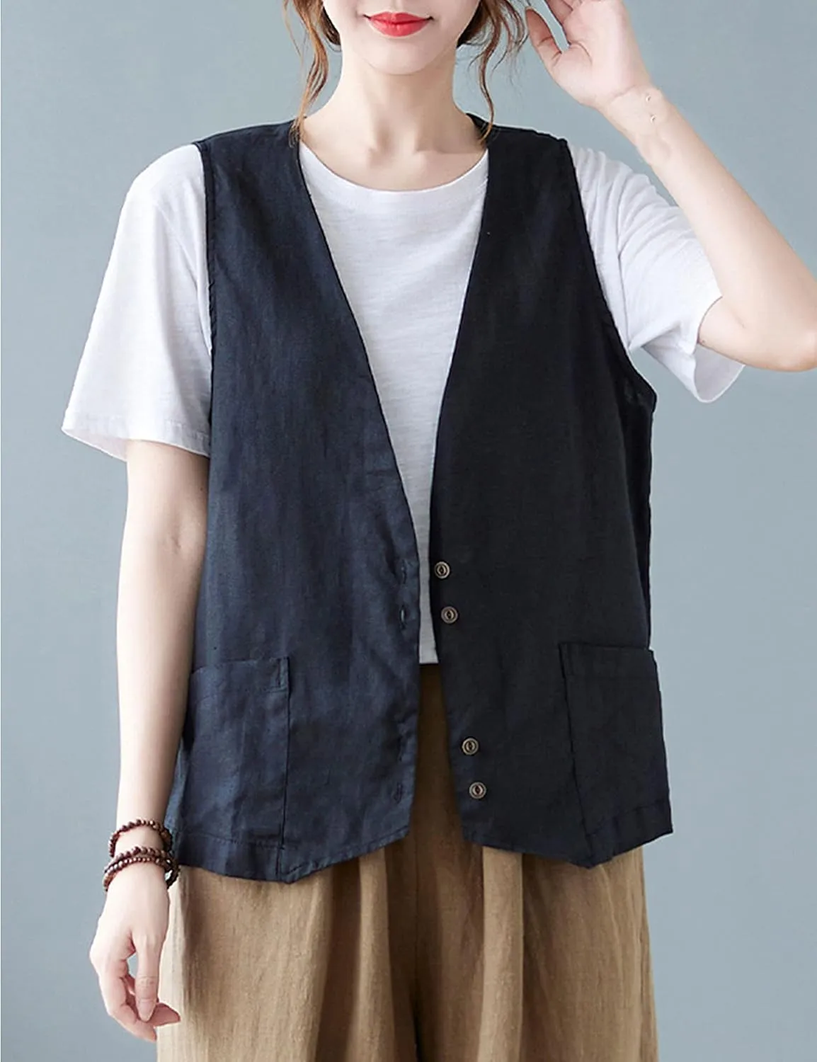 Bozanly Women's Sleeveless Button Down Vest Casual V Neck Cotton Linen Blazer Jacket with Pockets