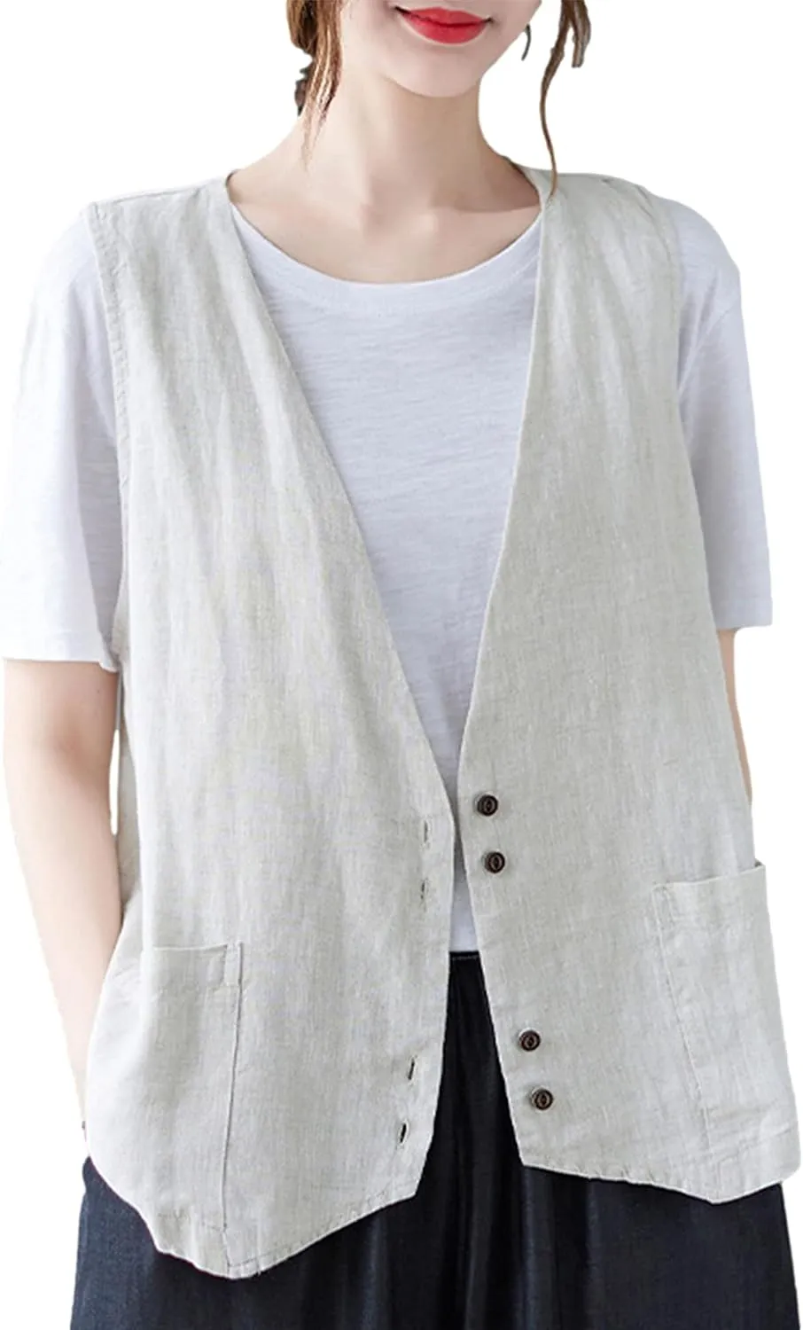Bozanly Women's Sleeveless Button Down Vest Casual V Neck Cotton Linen Blazer Jacket with Pockets