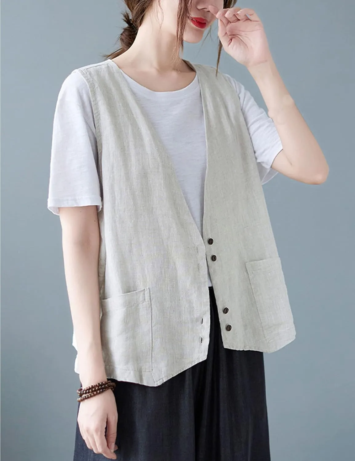 Bozanly Women's Sleeveless Button Down Vest Casual V Neck Cotton Linen Blazer Jacket with Pockets