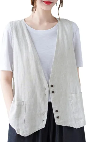 Bozanly Women's Sleeveless Button Down Vest Casual V Neck Cotton Linen Blazer Jacket with Pockets