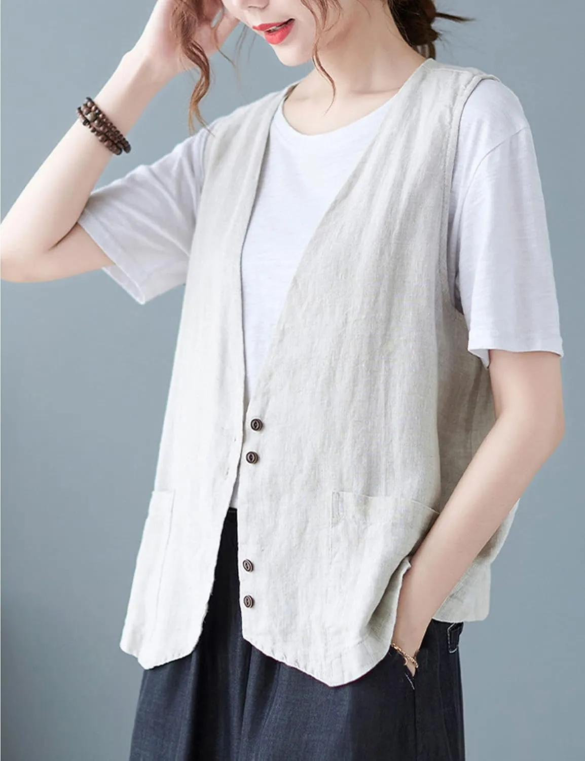 Bozanly Women's Sleeveless Button Down Vest Casual V Neck Cotton Linen Blazer Jacket with Pockets