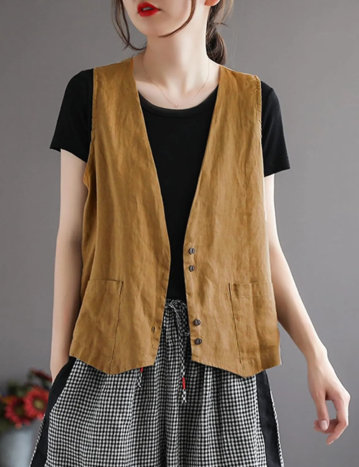 Bozanly Women's Sleeveless Button Down Vest Casual V Neck Cotton Linen Blazer Jacket with Pockets