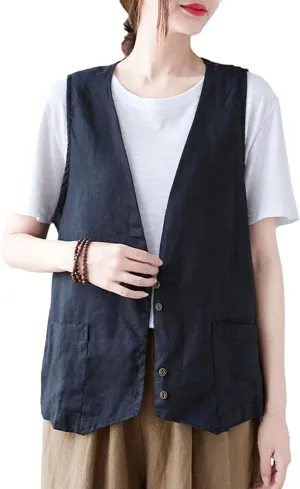 Bozanly Women's Sleeveless Button Down Vest Casual V Neck Cotton Linen Blazer Jacket with Pockets