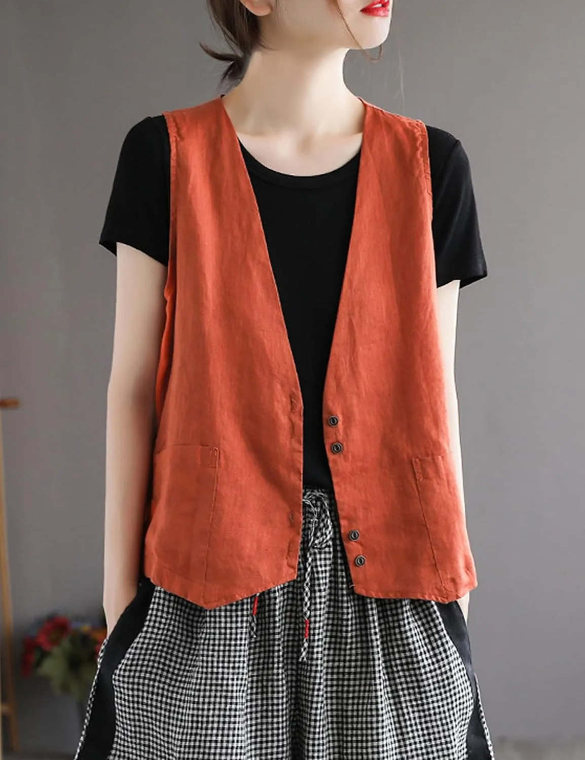 Bozanly Women's Sleeveless Button Down Vest Casual V Neck Cotton Linen Blazer Jacket with Pockets