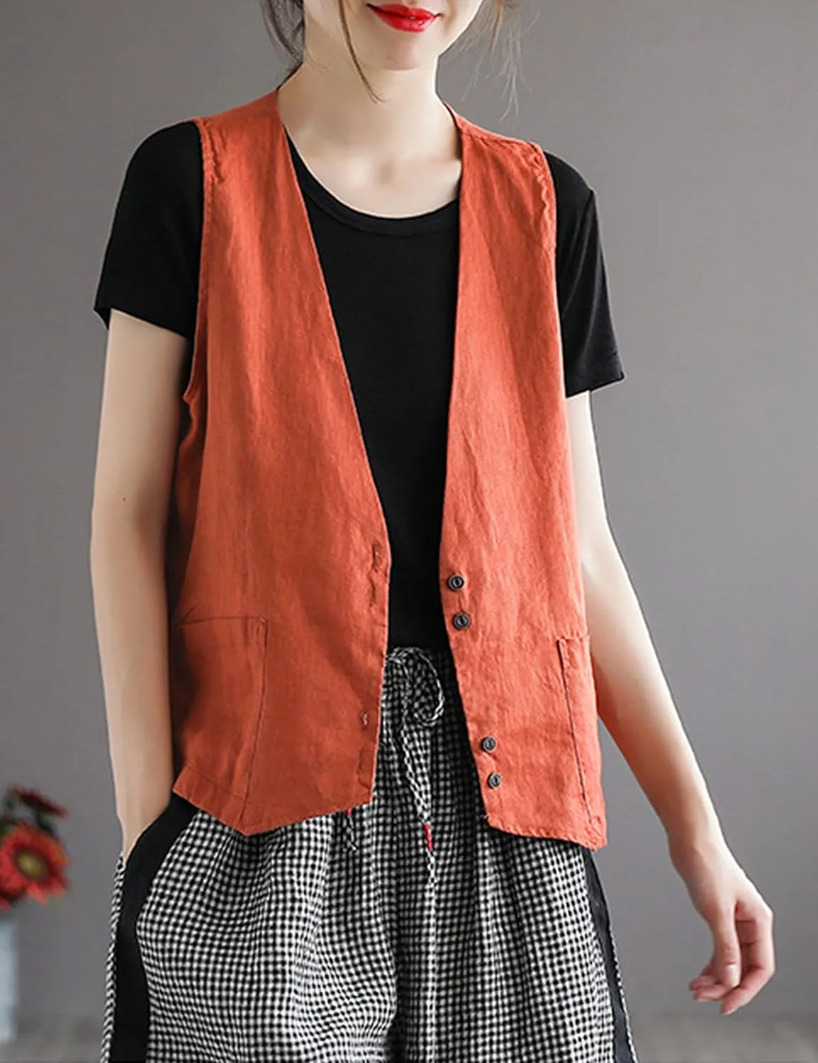 Bozanly Women's Sleeveless Button Down Vest Casual V Neck Cotton Linen Blazer Jacket with Pockets