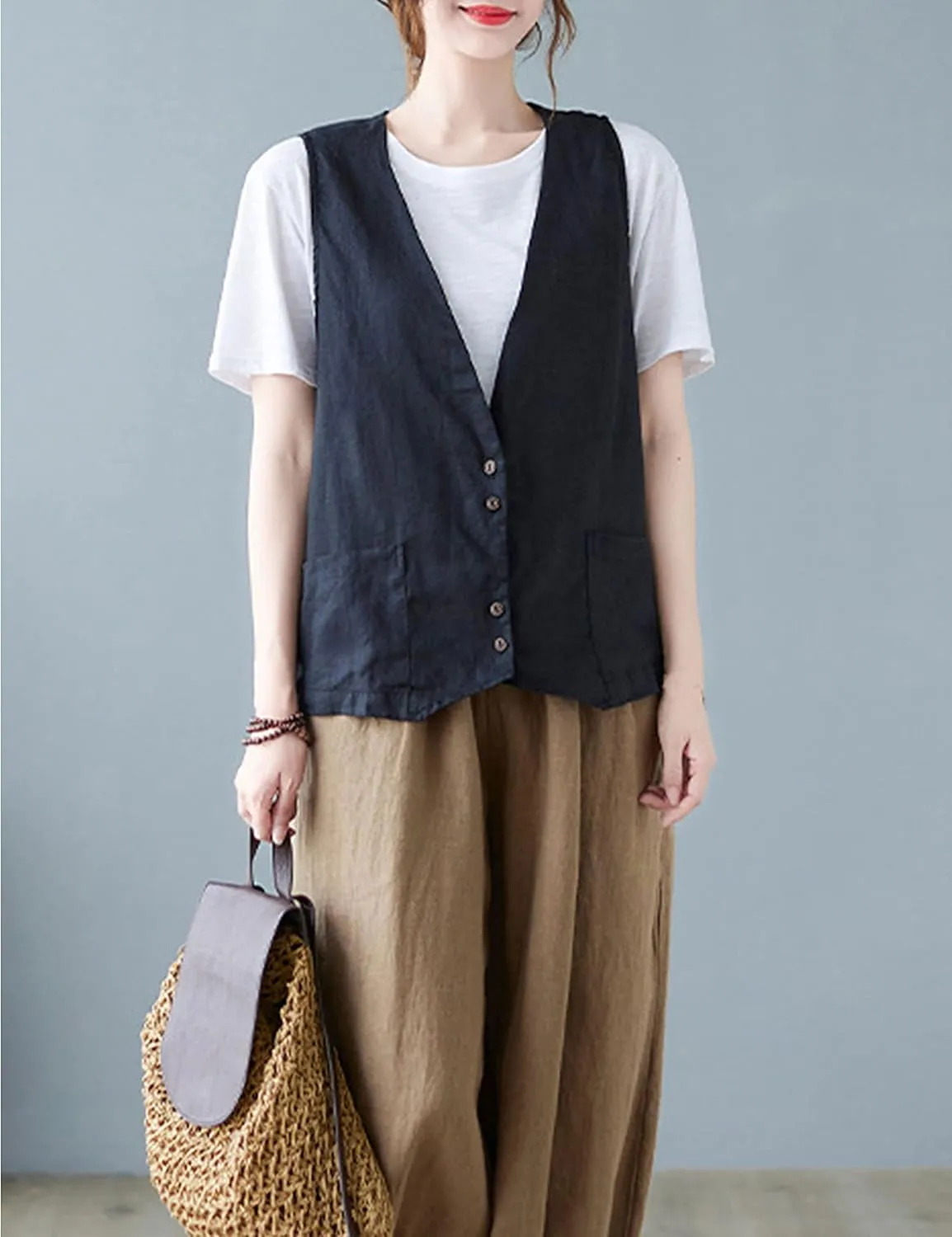 Bozanly Women's Sleeveless Button Down Vest Casual V Neck Cotton Linen Blazer Jacket with Pockets