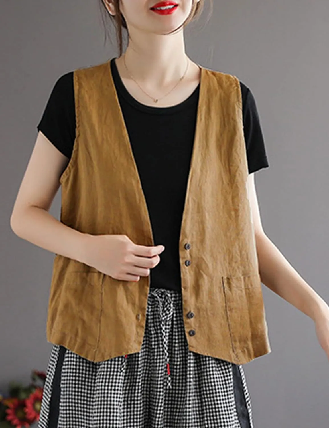 Bozanly Women's Sleeveless Button Down Vest Casual V Neck Cotton Linen Blazer Jacket with Pockets