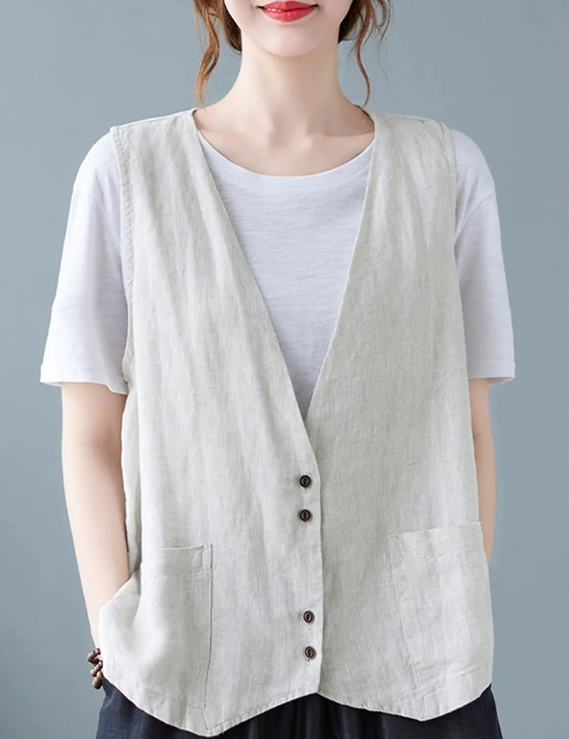 Bozanly Women's Sleeveless Button Down Vest Casual V Neck Cotton Linen Blazer Jacket with Pockets