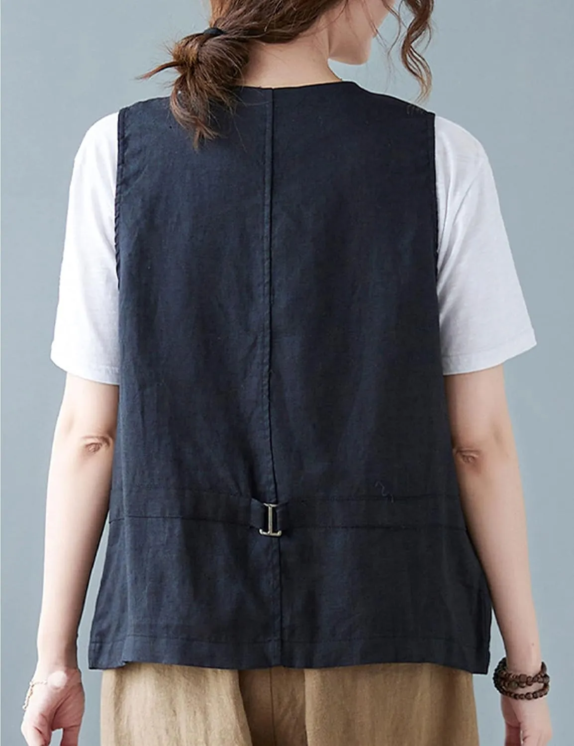 Bozanly Women's Sleeveless Button Down Vest Casual V Neck Cotton Linen Blazer Jacket with Pockets