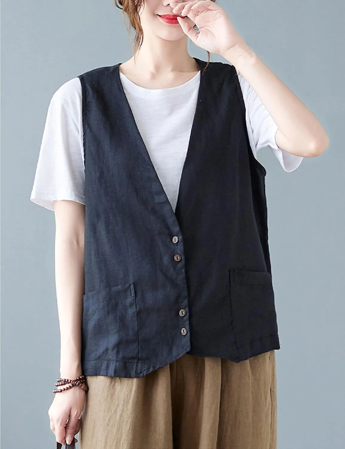 Bozanly Women's Sleeveless Button Down Vest Casual V Neck Cotton Linen Blazer Jacket with Pockets