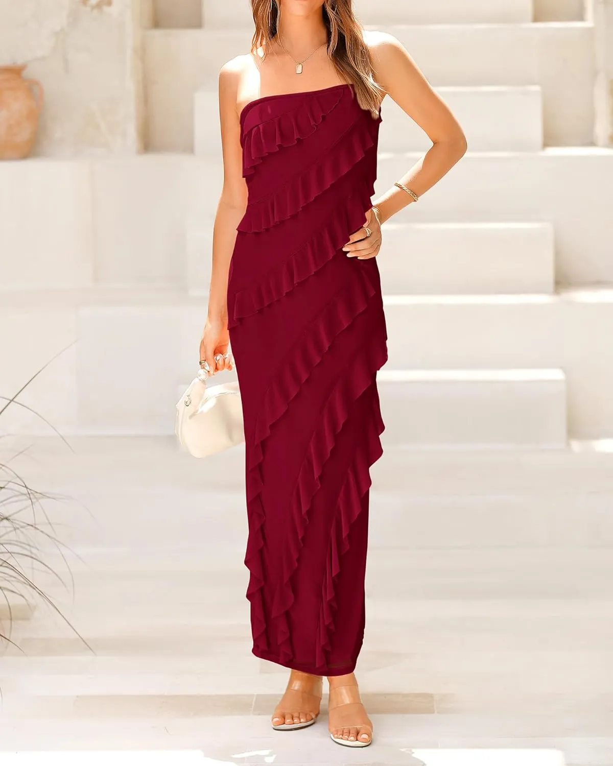 BTFBM Women Summer Elegant Strapless Midi Ruched Bodycon Dress Solid Color Stretch Mesh Slim Party Cocktail Dresses