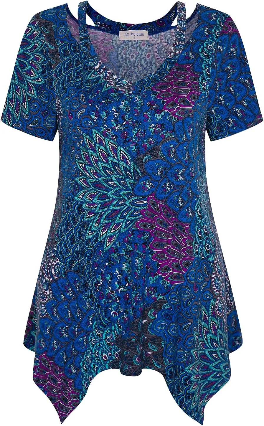 Bulotus Womens Short Sleeve Tunic Tops Cut Out V Neck Dressy Casual Loose Fit Long Tops