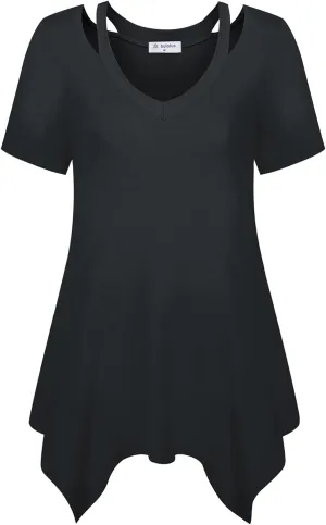 Bulotus Womens Short Sleeve Tunic Tops Cut Out V Neck Dressy Casual Loose Fit Long Tops