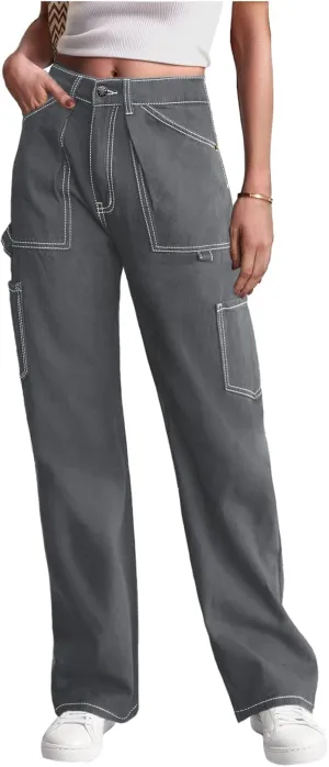 Cargo Pants Women High Waisted Wide Leg Casual Pants Baggy Stretchy Trousers Y2K Streetwear with 6 Pockets