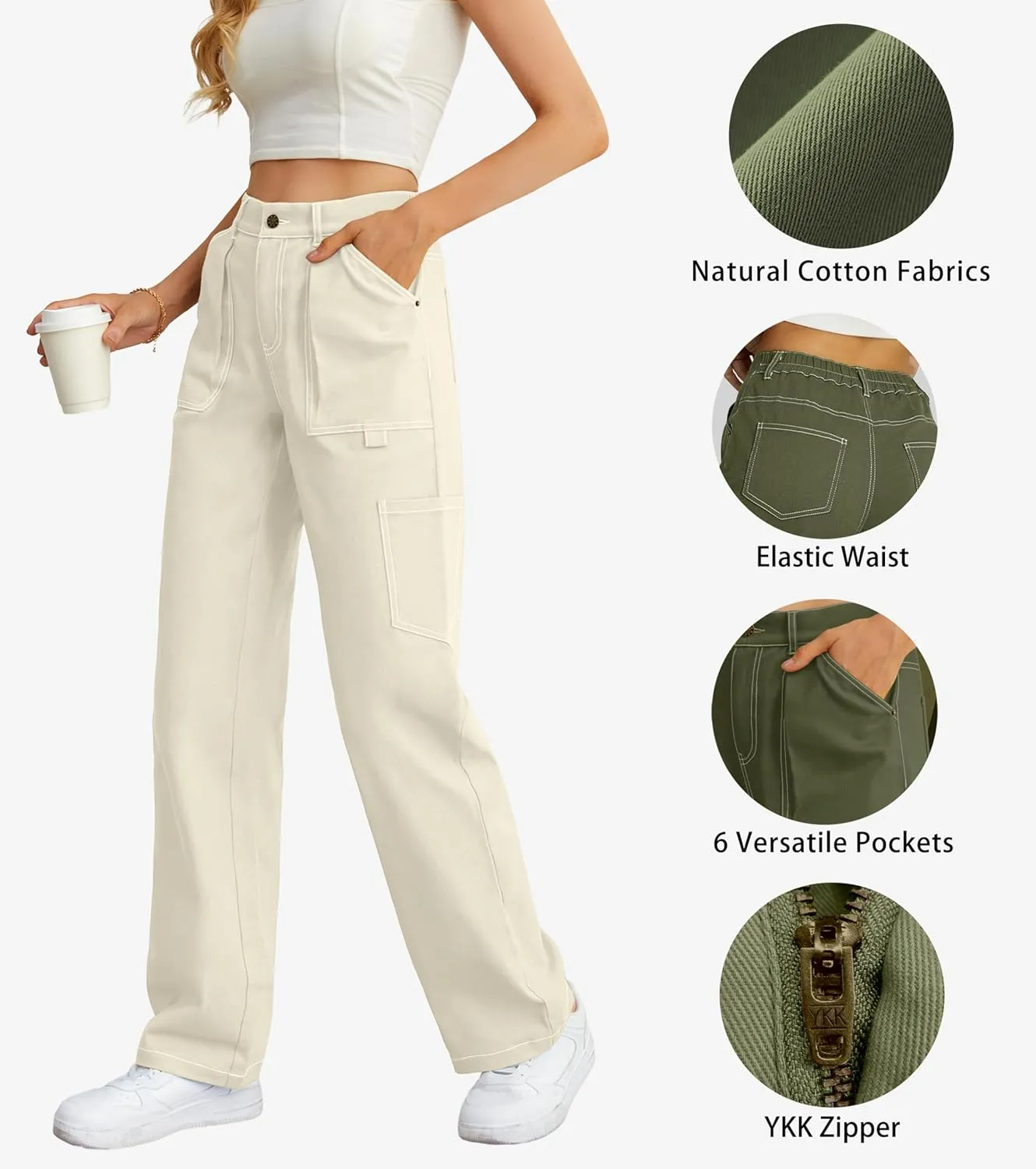 Cargo Pants Women High Waisted Wide Leg Casual Pants Baggy Stretchy Trousers Y2K Streetwear with 6 Pockets