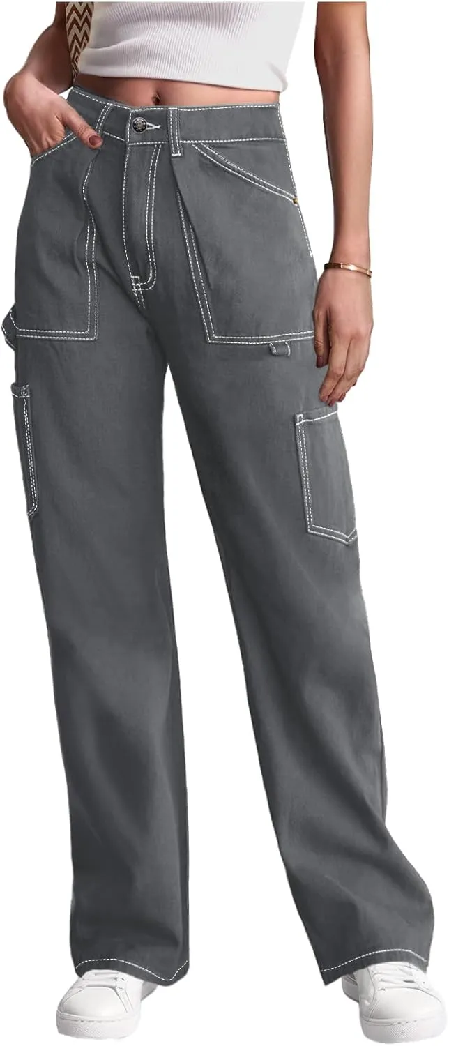 Cargo Pants Women High Waisted Wide Leg Casual Pants Baggy Stretchy Trousers Y2K Streetwear with 6 Pockets