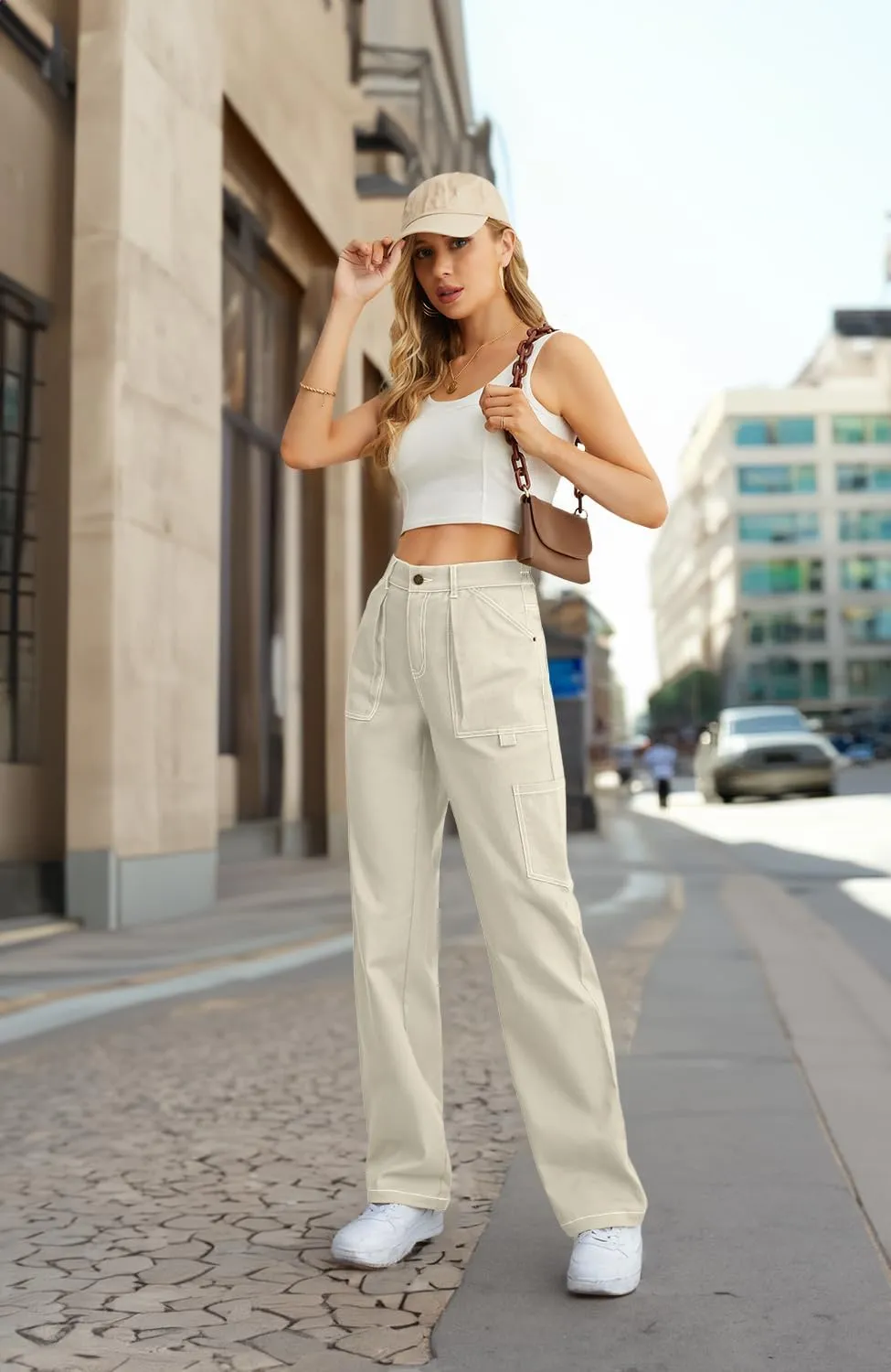 Cargo Pants Women High Waisted Wide Leg Casual Pants Baggy Stretchy Trousers Y2K Streetwear with 6 Pockets