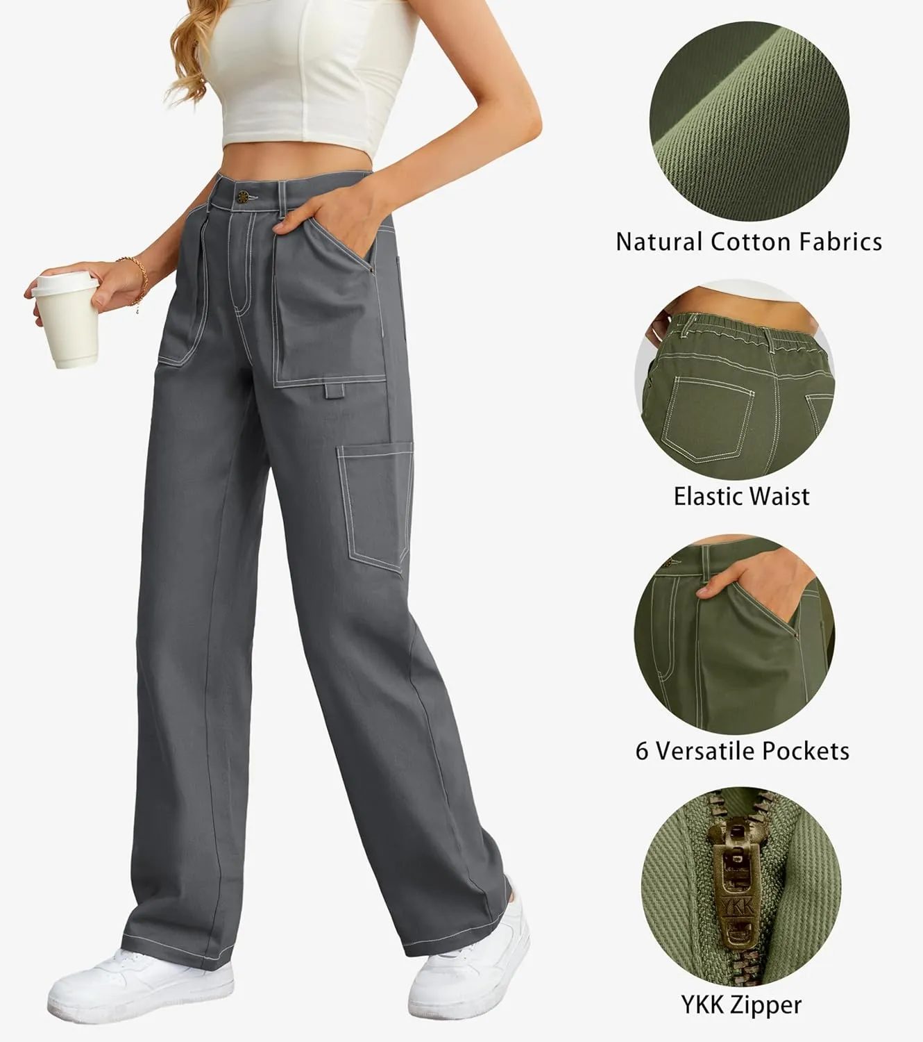 Cargo Pants Women High Waisted Wide Leg Casual Pants Baggy Stretchy Trousers Y2K Streetwear with 6 Pockets