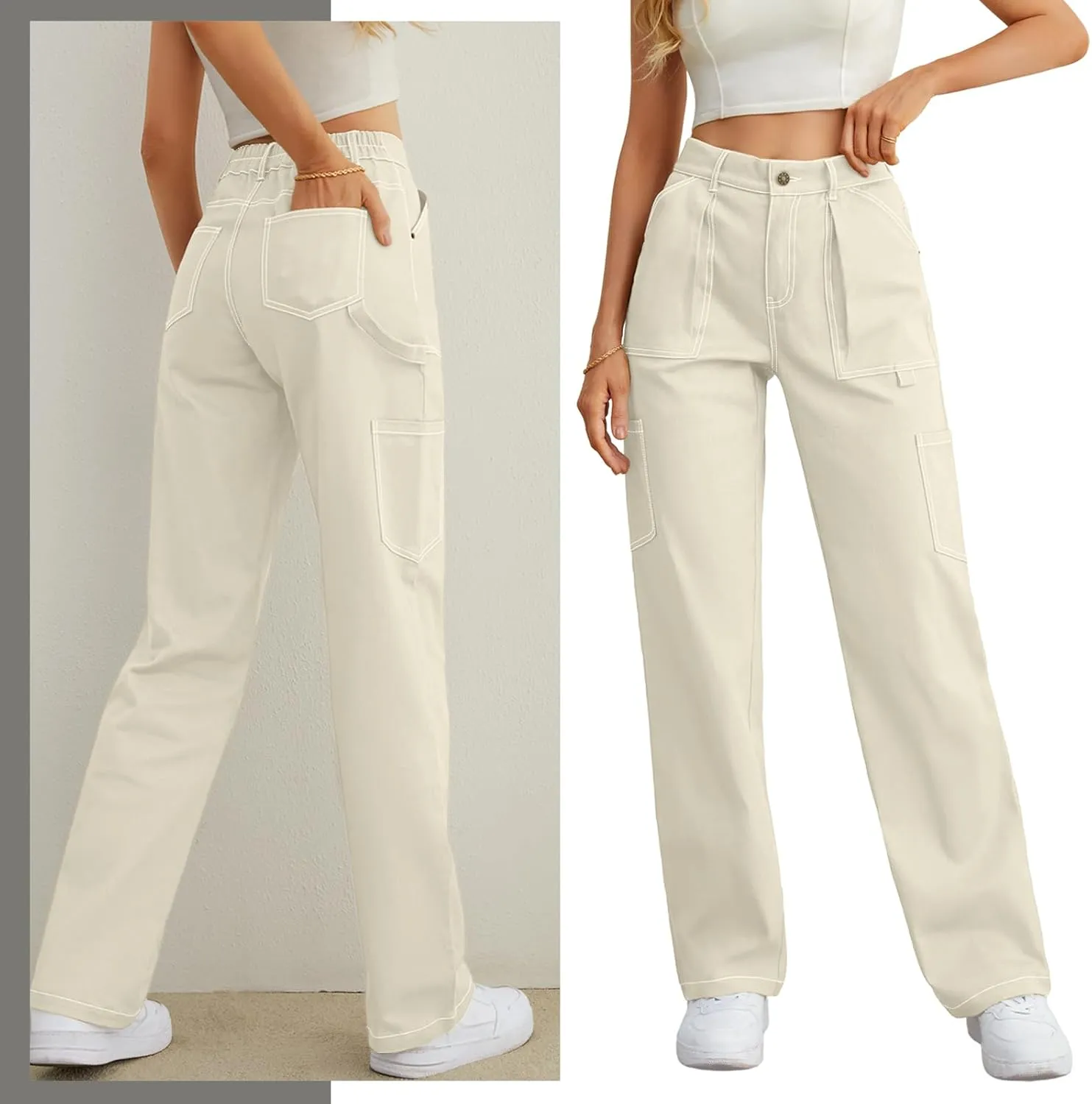Cargo Pants Women High Waisted Wide Leg Casual Pants Baggy Stretchy Trousers Y2K Streetwear with 6 Pockets