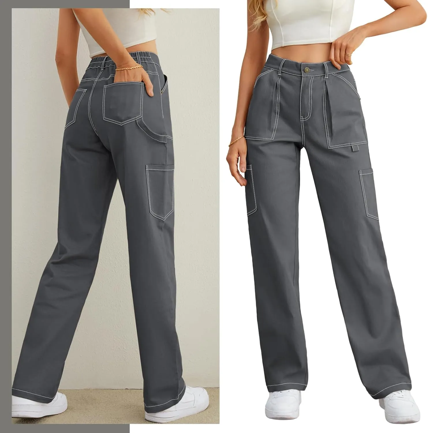 Cargo Pants Women High Waisted Wide Leg Casual Pants Baggy Stretchy Trousers Y2K Streetwear with 6 Pockets