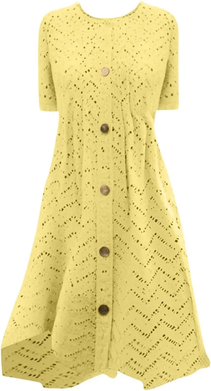 Casual Dresses for Women Summer Beach Vacation Swing Eyelet Sundresses Flowy Pleated Button Up t-Shirt Dress