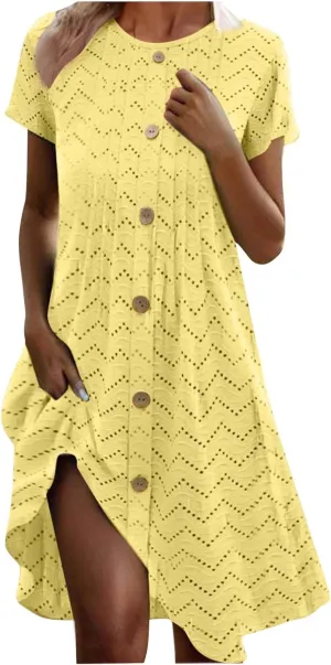 Casual Dresses for Women Summer Beach Vacation Swing Eyelet Sundresses Flowy Pleated Button Up t-Shirt Dress