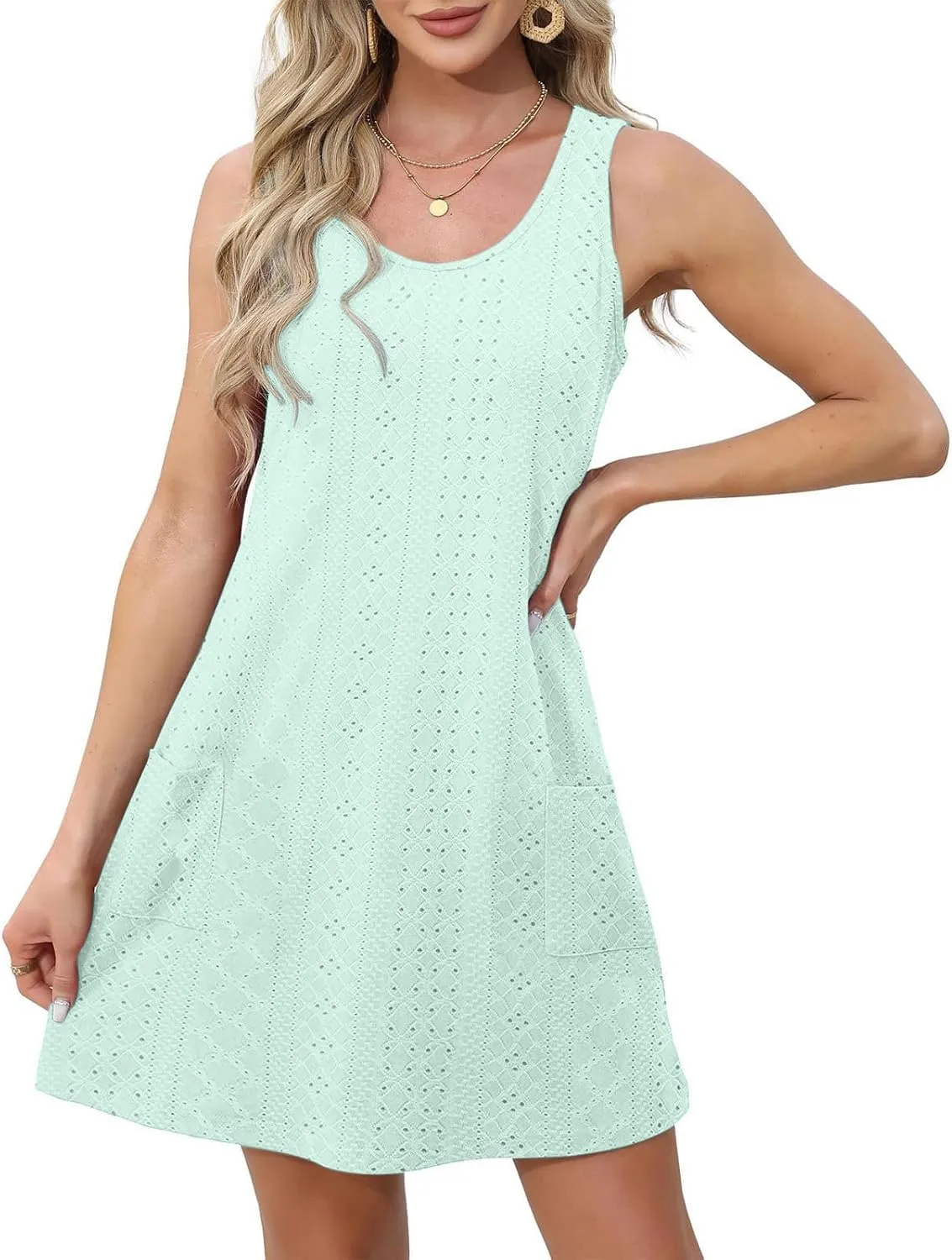 Casual Eyelet Dresses for Women Sleeveless Flowy Tank Dress with Pocket Summer Beach Sundress Vacation Outfits 2025
